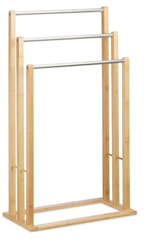 Towel Holder Freestanding with 3 Towel Rails, Towel Stand for Bathroom, Wood, Stainless Steel, HWD: 84 x 48 x 26 cm, Natural Camper Van Caravan Camping Shed Garage Rail