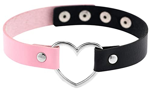 JewelryWe Schmuck Damen Choker Leder Halsband Gothic Punk Lolita Herz Sklave Kragen Halskette 32-38cm Erstellbare Zweifarbig Collier Kette, Schwarz Pink