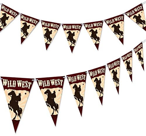2er Pack Wild West Wimpelkette Pferderennen Dekoration Wild West Motto Party Dekor Papier Wimpel Banner Cowboy Wimpel Girlande Western Geburtstag Zubehör für Cowgirl Cowboy, 8,3 x 6 Zoll