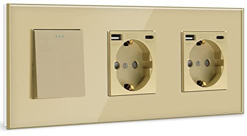 BSEED Interruptor de pared con Enchufe Doble Oro,1 Gang 1 Vía interruptor pared+16A Schuko Enchufe con 1 Puerto Tipo C y 1 Puertos USB,16A Interruptor de luz de botón pulsador