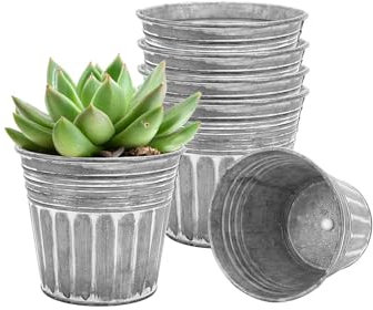 vensovo Galvanised Metal Plant Pots for Indoor Outdoor Use – 6Pcs Rustic Flower Planters with Drainage Hole & Plug, Silver Herb Pots, Small Garden Buckets for Succulents & Flowers, 4 Inch