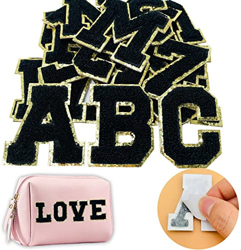 Jongdari 26pcs Black Chenille Letter Patches Self Adhesive & Iron On Letters - Classic Alphabet Fabric Patch