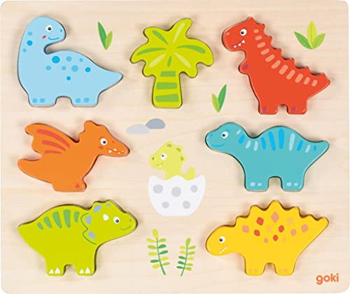 goki 57360 - Einlegepuzzle Dinosaurier aus Holz für Kinder ab 2 Jahren