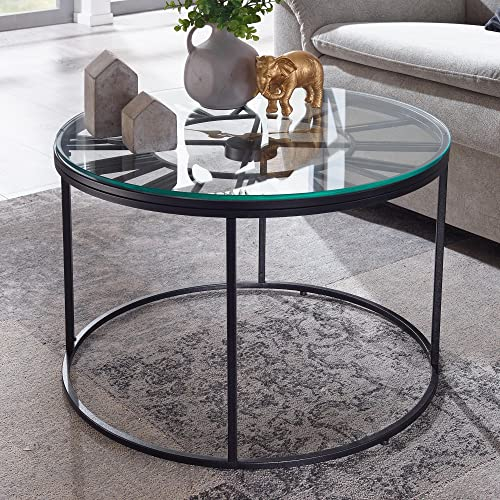 FineBuy Couchtisch Glas Metall 60x60x43 cm Sofatisch mit Deko-Uhr, Design Wohnzimmertisch Rund, Kleiner Kaffeetisch Modern, Beistelltisch Anstelltisch Wohnzimmer