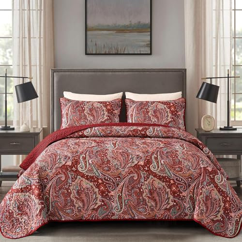 DJY Bettwäsche-Set mit rotem Paisleymuster, Queen-Size-Größe, Boho-Steppdecke, Tagesdecken-Set, 3-teilig, weiche, leichte Mikrofaser, Burgunderrot, Paisleymuster, Bettwäsche für alle Jahreszeiten, 244