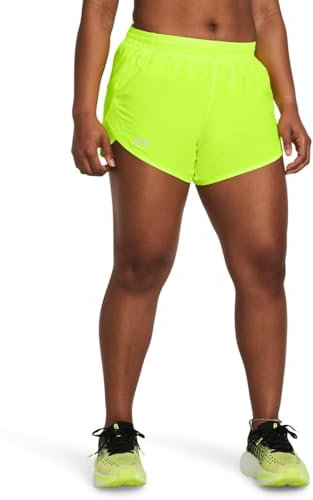 Under Armour Women's Fly by 3in Shorts, Lightweight and Comfortable Women's Gym Wear, Ladies' Sports Shorts with Ventilation Panels and Zip Pocket,High Vis Yellow/High Vis Yellow/Reflective,SM