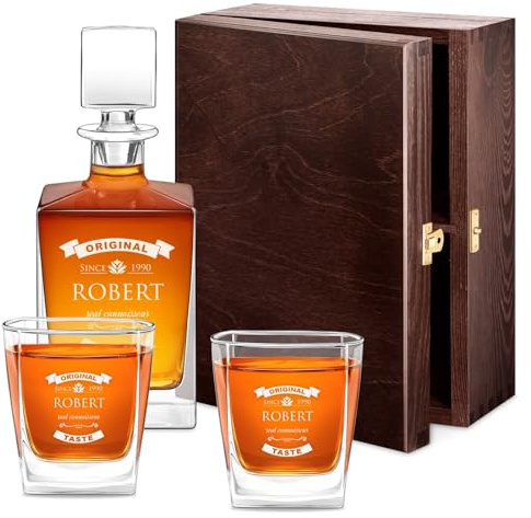 Maverton Customised Whiskey Set for man, Stylish Carafe, Original | with 2/4/ 6 Glasses for him, Glass Bottle for Gentleman, Engraved Glassware for dad, Personalised Whisky Glasses for Birthday
