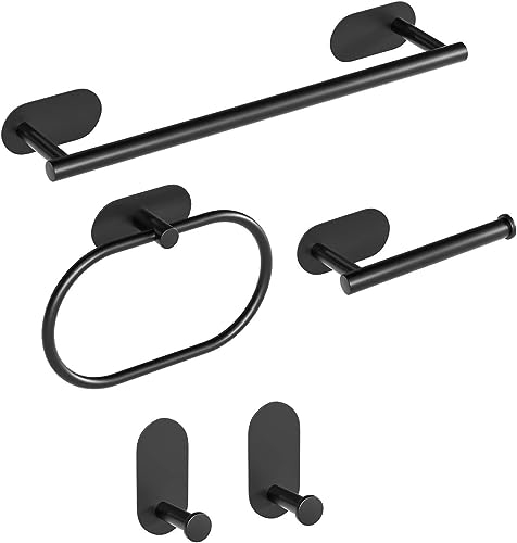 YUET Matte Black Bathroom Accessories Set - Toilet Paper Holder, 5 Piece 304 Stainless Steel Hardware Kit Including 16 Towel Rail Bar, Toilet Roll Holder, Towel Ring, and Robe Towel Hooks (Black)