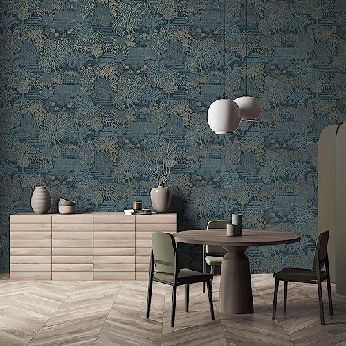Holden Decor Khalili Wallpaper Mirissa Blue 65960 Japanese Oriental Lily Pond Garden Metallic