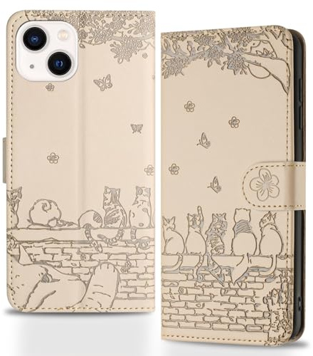 Butnyeoe for iPhone 14 Phone Case with Card Holder and Strap Magnetic, iPhone 13 Flip Case for Women Cute Cats Leather Wallet Cover-Beige/Khaki