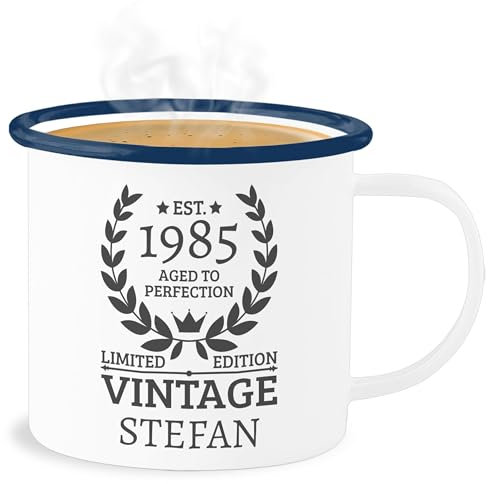 Emaille Becher Blechbecher - 40. Geburtstag - Tasse - Est.1985 Aged to perfection Limited Edition I - 300 ml - Weiß Blau - 40 1983 blechtasse 40.geburtstag 1984 tassen vierzigster vintage