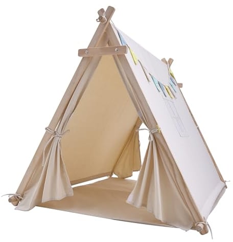 Sunny Sienna Spielzelt für Kinder in Beige mit Fenster, Flaggen & Bodenmatte | Kinderzelt aus 100% Baumwolle & FSC 100% Holz | Spielzelt/Wigwam/Tipi Zelt für Drinnen & Draußen 120 cm x 100 cm