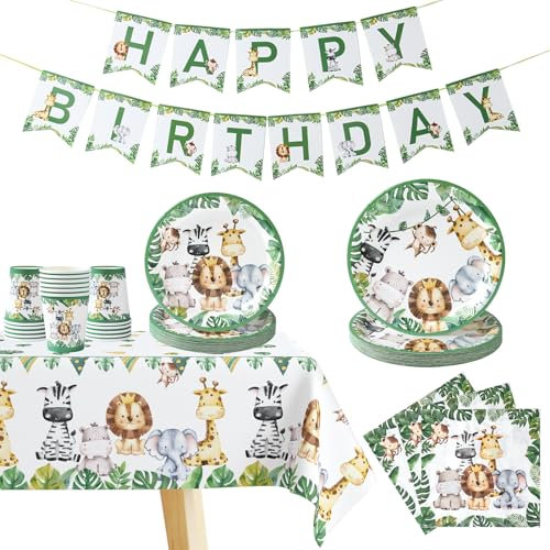 Safari Birthday Party Decorations Kit-Safari Table Cloth Sage Green Happy Birthday Banner Plates Cups and Napkins Sets for Safari Birthday Party Lion King Zoo Pals Baby Shower Decoration Suppplies