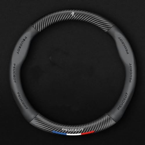BAUFAS Auto Lenkradabdeckung für Peugeot 207 CC 2006-2015,Kohlefaser Leder Lenkradhülle Innenraum Zubehör Anti Rutsch Lenkradbezug langlebiger Atmungsaktiver Lenkradschoner Auto Zubehör,Black