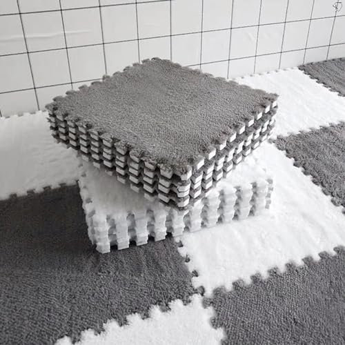 10/20 Pcs Plush Crawling Mat, 30 * 30 cm Plush Foam Floor Mat, Non-slip Soft Interlocking Foam Interlocking Carpet Tiles with Edge for Bedroom and Living Room (10PC Gray+10PC White)