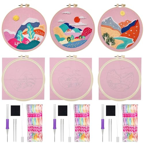 Allazone 3 Setzen Punch Needle Anfänger Stickerei Set, Punch Needle Set mit Stickrahmen zum Sticken für Kinder Erwachsene Basteln DIY Stanznadel Stickrahmen Kit (Sonnenuntergang und Berge)