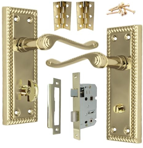 Georgian Door Handle Brass, Bathroom WC Toilet Door Handles, Bathroom Mortice Lock 3 Hinges 150mm x 48mm Backplate, Interior Wooden Doors