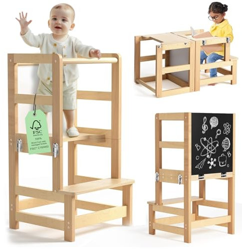 Lernturm für Kinder - Klappbar Mit Kippschutz und Message Boards, Höchste Sicherheit, Inkl. Montagezubehör | FSC Zertifiziertes Montessori Küchenhelfer und Learning Tower Ab 1 Jahr