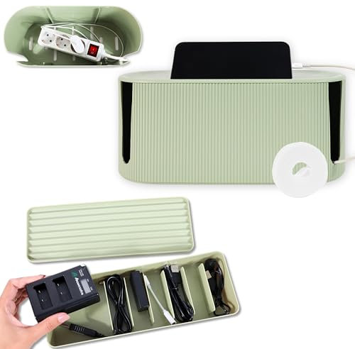 Destiny SM - Caja Cables, Caja Organizadora Cables, Esconder Cables, Caja Cables Organizador, Caja para Cables, Caja Guarda Cables + Caja Regleta Enchufes - Diseño Moderno y Atractivo. (Verde)