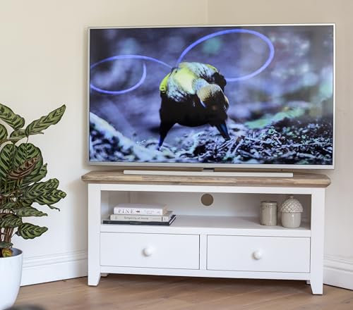Florence Wooden Corner TV Stand with 2 Drawers, Shelf, Cable Access, Acacia Hardwood Top | W108cm, H50cm, D40cm | Fully Assembled Media Unit (white)