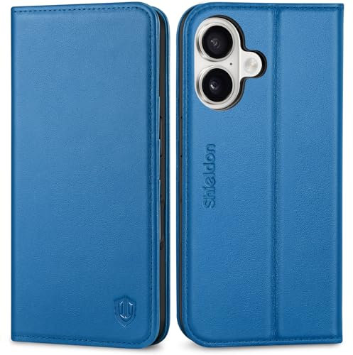 SHIELDON Case for iPhone 16 6.1 2024, Genuine Leather Wallet Case Cover with [RFID Blocking][Card Slot][Kickstand][Shockproof TPU Shell] Book Folio Cover Compatible with iPhone 16 5G - Sapphire Blue