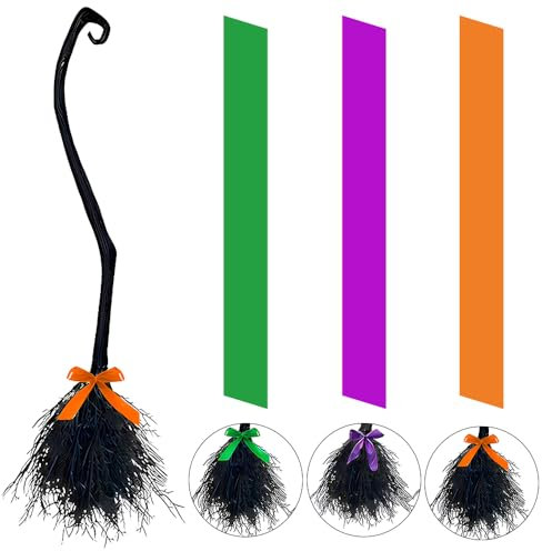 WDKXCN Witches Broomstick, Witch Broom with 3 Ribbons, Halloween Wicked Witches Broomstick, Witch Broom Costume Photo Booth Accessories Halloween Decorations for Kids and Adults