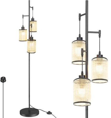 Bohemian Tree Floor Lamp for Living Room,Portable Lamp with Handwoven Natural Bamboo Rattan Lampshade,Standing Lamp with foot Switch Elegant Black Pole Light for Bedrooms Office 3-Sockets E27