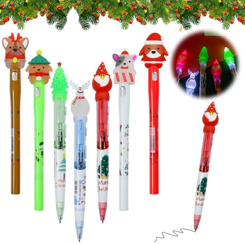Qunkun 7 Stück Einziehbare Kugelschreiber, Weihnachtsbunte Kugelschreiber Stift Weihnachten,LED Kugelschreiber Weihnachten, für Studenten Kinder Geschenk