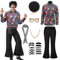 70er Jahre Disco Kostüm Set, 8PCS Hippie Herren Outfit mit Glitzer Schlaghose Hemd 80s Fasching Bekeidung für 50s 60s 70s Cosplay Halloween Party L