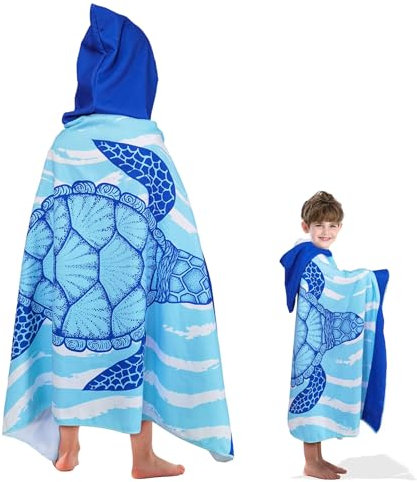COSORO 75x128cm Blue Turtle Hooded Poncho Towel for Kids,Kids Beach Towel Poncho Swimming Towels,Beach Robe Childrens Bath Towel Poncho for Swimming Pool,Childs Towel Bathrobe for Girls Boys Age 4-8