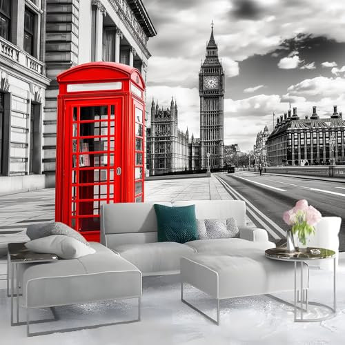 Fototapete Vintage-Straße mit Uhr und Zelle Tapete Fototapeten Vlies 200 x 140 cm Tapeten Vliestapete Wandtapete moderne Wand Wandbild Schlafzimmer Wohnzimmer Grau