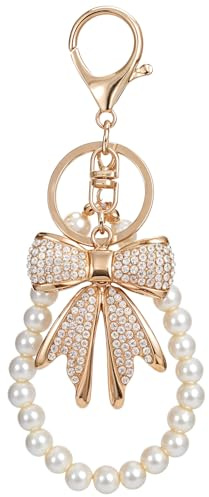 Lnngub 2 Pcs White Rhinestone Bowknot Keychain Imitation Pearl Chains Sparkly Bow Purse Charm Bag Charms for Handbags Purse Backpacks Handbag Charms Keychain Accessories for Women