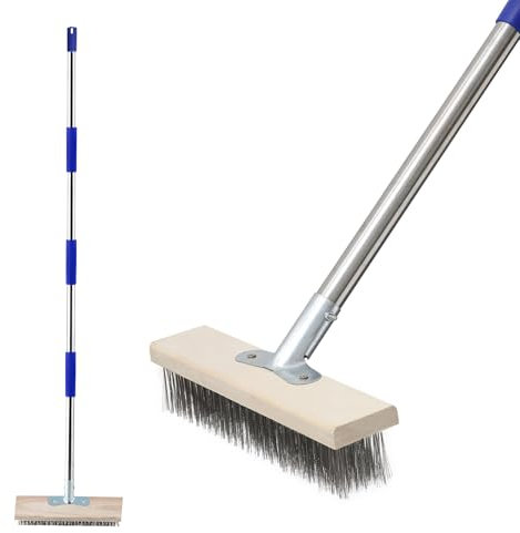 Balai métallique avec long manche, brosse de jardin robuste de 190 cm, brosse à poils métalliques rigides pour nettoyer la mousse, brosse à récurer en acier inoxydable pour terrasse, garage, toit