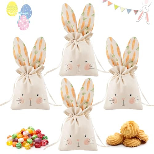 Shyllin 4 Stück Osterhase Tuch Taschen, 15 * 18CM Osterhasen Taschen mit Kordelzug, Osterhasen Tüten mit Kordelzug und Hasenohren-Design, geeignet zum Sammeln von Ostereiern und Süßigkeiten