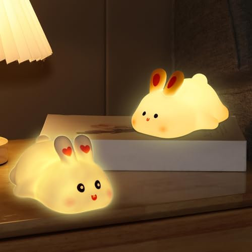 TaimeiMao 2 Stück Kaninchen Silikon Nachtlicht,Ostern Nachtlicht Kinder,Kawaii Hasenlampe,Süße 3d-Kaninchen Umgebungslicht,LED Baby Nachtlampe,Geschenke Kinderzimmer Deko