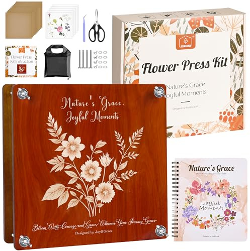 Joy&Grace Stor blompress-set, 27,7 x 27,7 cm för vuxna, 10 lagers växtpress med lock, gör-det-själv blompressar, album och torrverktygssats för blomförvaring (presentförpackning, mahogny)