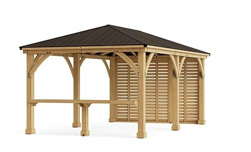 Heavy Duty Meridian Gazebo 12ft x 20ft (3.7m x 6.2m) with Cedar Privacy Wall & Solid Wooden Bar Counter, along with Coffee Brown, Waterproof Aluminium Roof