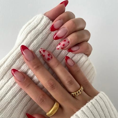 Lot de 24 faux ongles en forme d'amande pour la Saint Valentin - En acrylique - Couverture complète