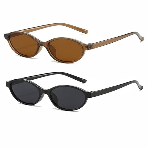 FSMILING 2Pack Retro Oval Cat Eye Sunglasses Womens Glasses Vintage Small Thin 90S Trendy Narrow Sunglasses for Womens Ladies