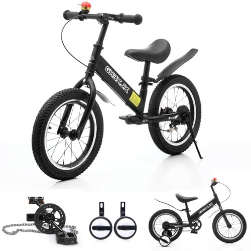 GHBXJX Laufrad Fahrrad Kombination- Laufrad 2 in 1 für Kinder ab 2+ Jahre, Kinderlaufrad 14 Zoll mit Bremse, Stützräder und Seitenständer,Verstellbarer Sitz,Geschenk für Jungen und Mädchen (Schwarz)