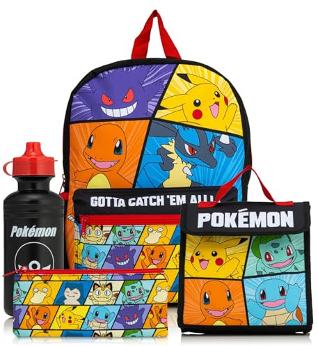 Juego escolar de 4 piezas de mochila de Pokémon, incluye fiambrera, botella de agua y estuche para lápices, correa acolchada ajustable, bolsillo lateral de malla, juego de mochila de regreso a clases