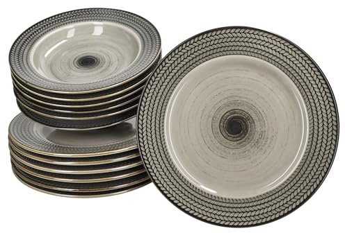 MÄSER Prospero 12tlg Tafelservice I braunes Porzellan-Geschirr mit Relief für 6 Personen I 6X Suppenteller & 6X Speiseteller für Frühstück, Mittag & Abendbrot