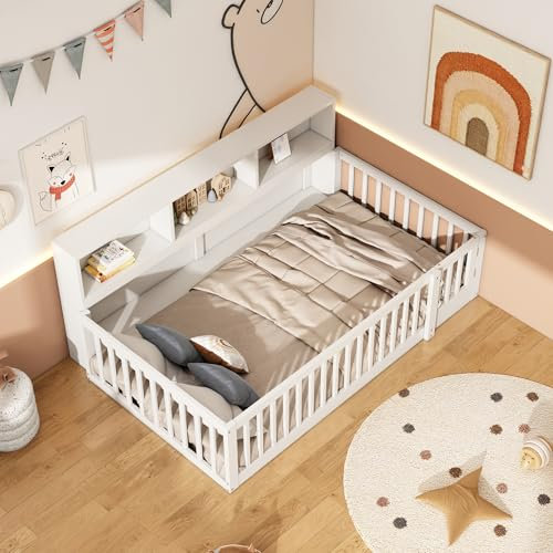 OKYION Schlafsofa Tagesbett 90x200cm mit Staufach und Lattenrost, Holzbett Daybett, Bodenbett Kinderbett Jugendbett, Weiß(Ohne Matratze)