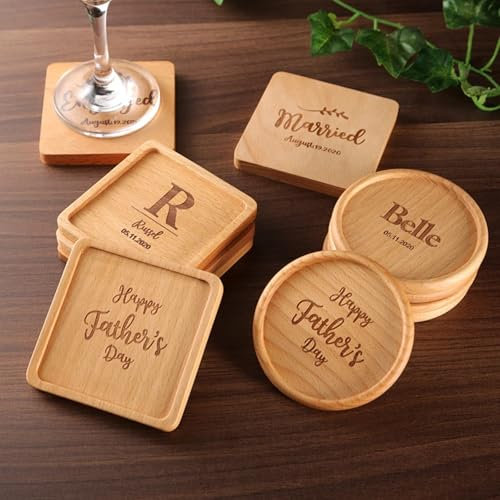 Holzuntersetzer mit individueller Gravur, personalisierbare Holzuntersetzer, Hochzeit, Gastgeschenke für Gäste, Brautparty (8,8 cm)