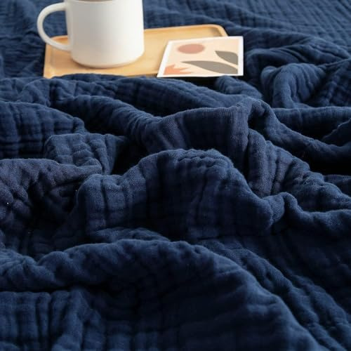 bechoanigel Musselin Decke 150x200 cm – 100% Baumwolle, 6-Lagige Weiche Sommerdecke, Atmungsaktive Dünne Kuscheldecke für Bett & Sofa, Tagesdecke Couch Überwurf (Dunkelblau)