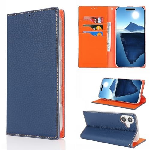 CAVOR Handyhülle kompatibel mit iPhone 17 Hülle,Flip Echtleder Geldbörse Handytasche,[3 Kartenfach][Magnetisch][RFID Blocker][Mit Band],Klapphülle kompatibel mit iPhone 17 - Dunkelblau