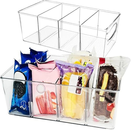 2er-Pack Vorratsschrank-Organizer mit abnehmbaren Trennwänden, 4 unterteilte Fächer, durchsichtig, stabil und leicht, ideal zur Organisation in Schränken, Küche, Vorratskammer und Kühlschrank