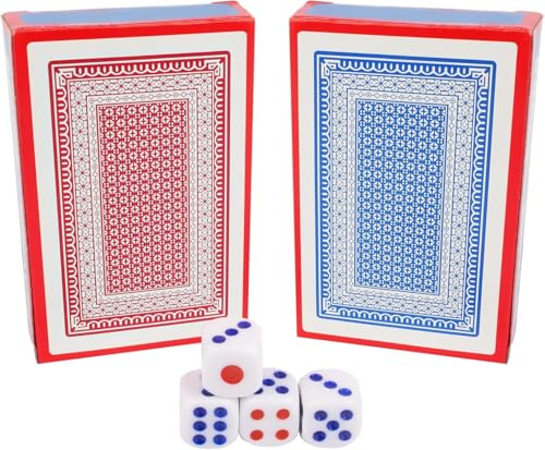 2 Card Decks with 4 Dice - Twin Poker Dice & Cards, LA Vegas Night Games, For Kids & Adults Fun, Traditonal Set of Playing Cards, Standard UK Deck, Travel & Entertainment (2pk Playing Cards - 4 Dice)