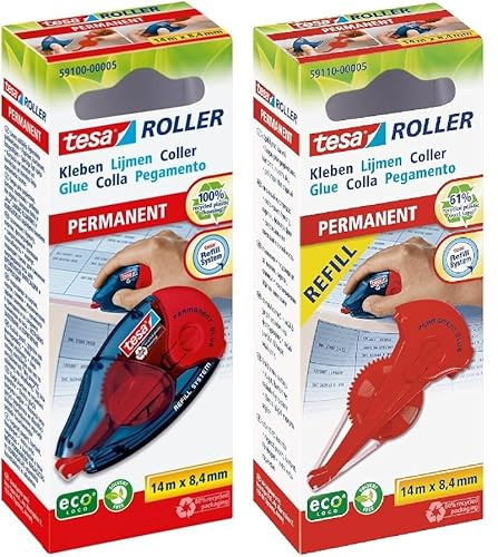 tesa Kleberoller permanent Nachfüllkassette - Extra stark + tesa Kleberoller - 14 m x 8,4 mm (festklebend, 1 Stück)