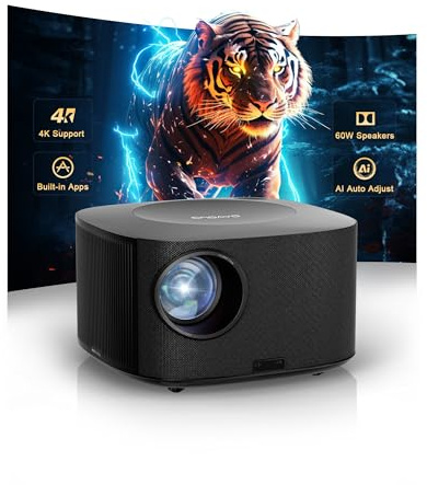 Outdoor-Projector-4K with WiFi and Bluetooth:[Ultra-High Bright/60W Dolby Audio/Official Licensed Apps],Smart-Projector with AI Auto Focus,ONOAYO ONO5Pro 2.0 Movie Projector for Indoor/Outdoor 2026New